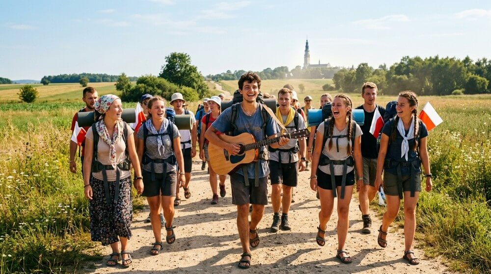 Radosna grupa młodych pielgrzymów z plecakami i gitarą idąca latem w stronę klasztoru na Jasnej Górze Radosna grupa młodych pielgrzymów z plecakami i gitarą idąca latem w stronę klasztoru na Jasnej Górze