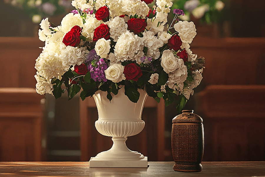 Urna i białe czerwone róże