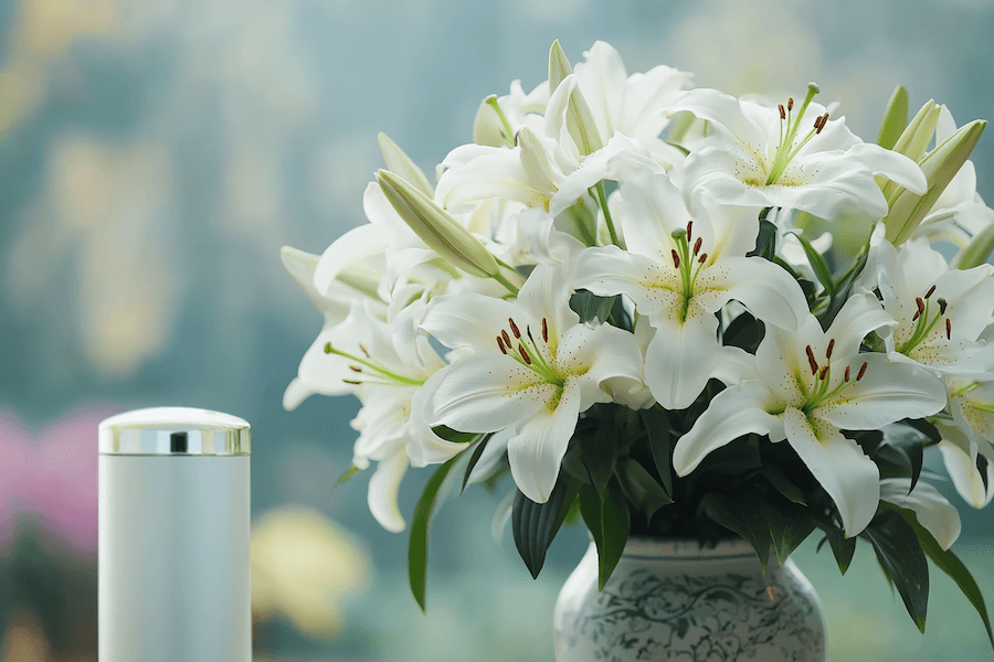 Urna i białe kwiaty