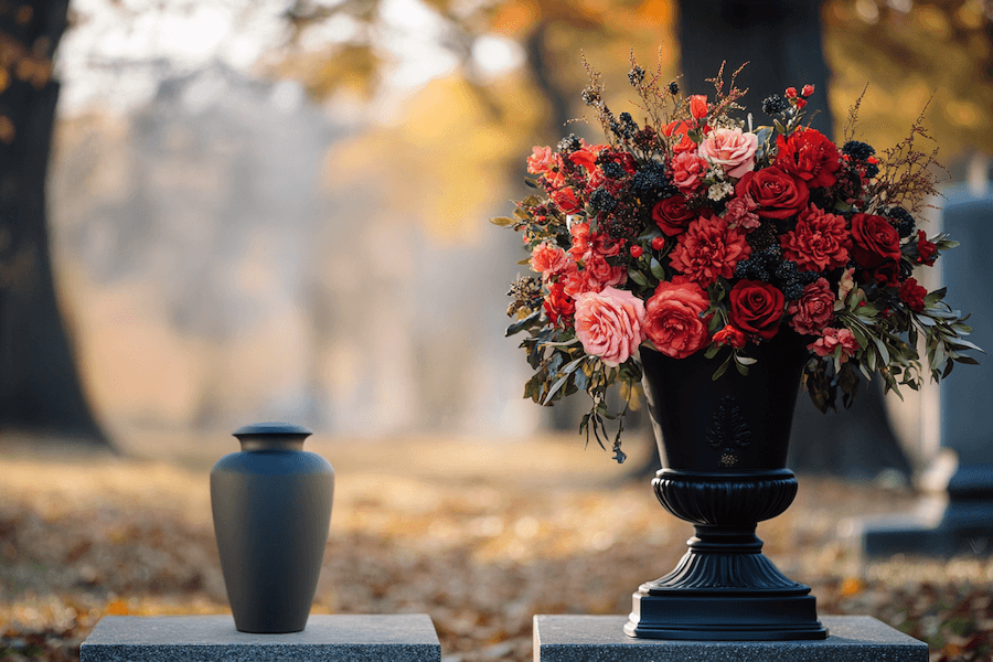 Urna i czerwone kwiaty