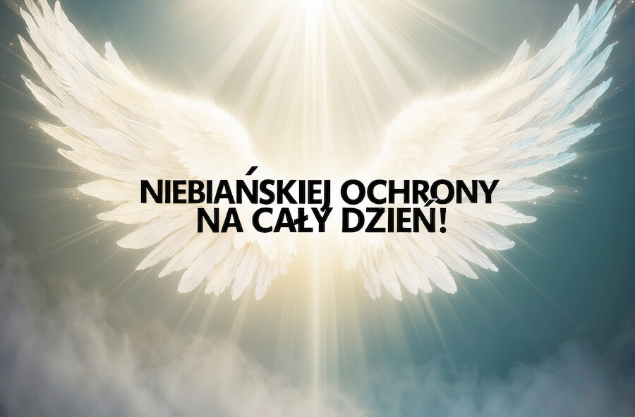 Piękny obrazek do wysłania na dzień dobry z religijnym motywem, skrzydła anielskie oświetlone przez blask z nieba, z powitaniem: Niebiańskiej ochrony, na cały dzień