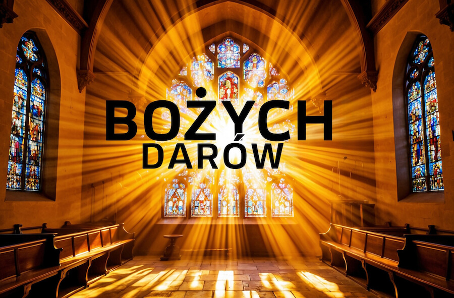 Wnętrze kościoła oświetlone blaskiem uderzającym przez witraże, z pozdrowieniami: Bożych darów