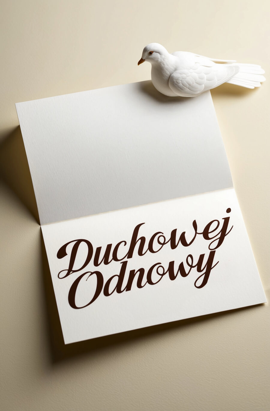 Oryginalna kartka wielkanocna, z białym gołąbkiem i pozdrowieniami: Duchowej odnowy