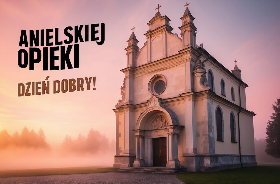 Kościół o poranku, z napisem na niebie: Anielskiej opieki, dzień dobry Kościół o poranku, z napisem na niebie: Anielskiej opieki, dzień dobry