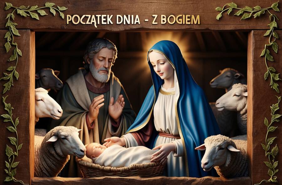 Obrazek religijny na dzień dobry, Maryja i Józef przy dzieciątku Bożym w stajence, z pozdrowieniami: Początek dnia - z Bogiem