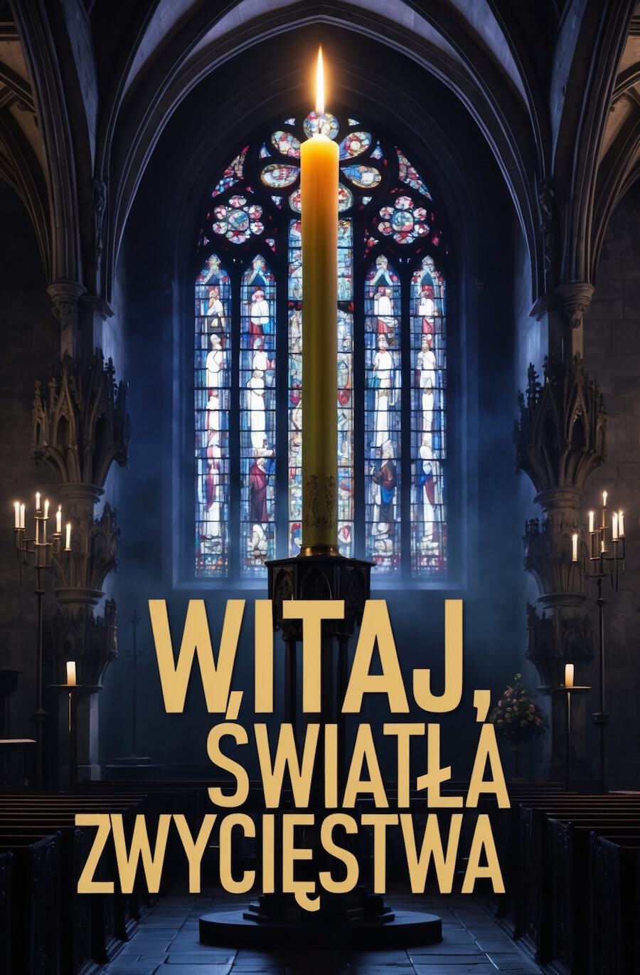 Kartka religijna, świeczka na tle kościelnego witrażu, z napisami: Witaj, światła zwycięstwa