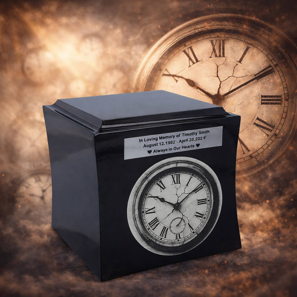 Czarna urna na prochy ludzkie z grawerowaną plakietką i motywem zegara